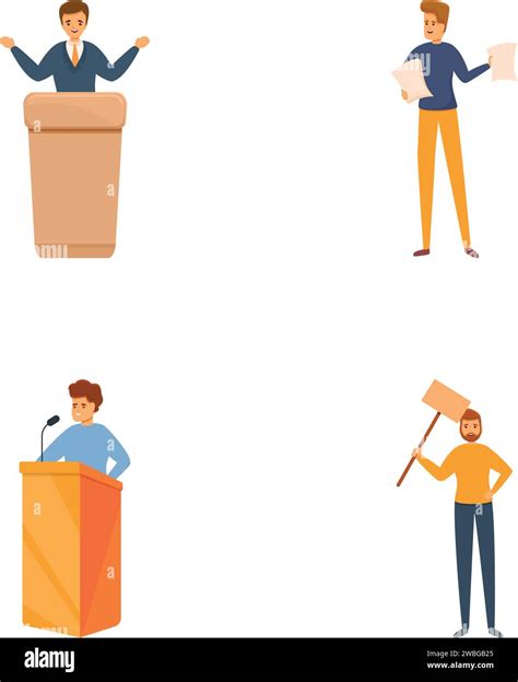 Election Campaign Icons Set Cartoon Vector Man During Speech Behind