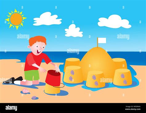 A Cartoon Boy Building A Sandcastle On The Beach Stock Vector Image