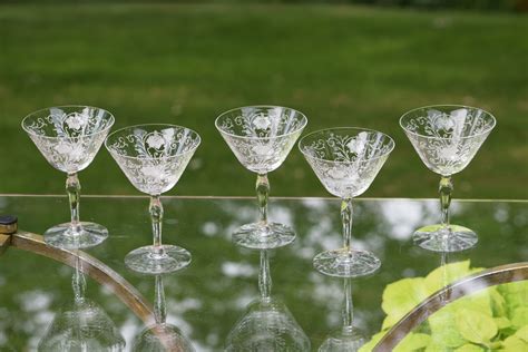 5 Vintage Etched Crystal Cocktail Martini Glasses Fostoria Woodland Circa 1922 Antique Floral