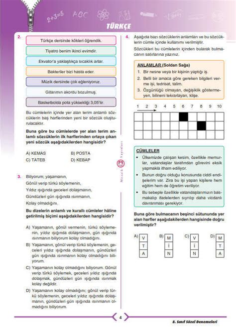 Mozaik Deneme Sınavı 8 Sınıf Cevap Anahtarı