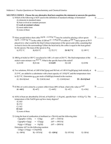 Midterm Exam Questions And Answers Thermochemistry And Chemical