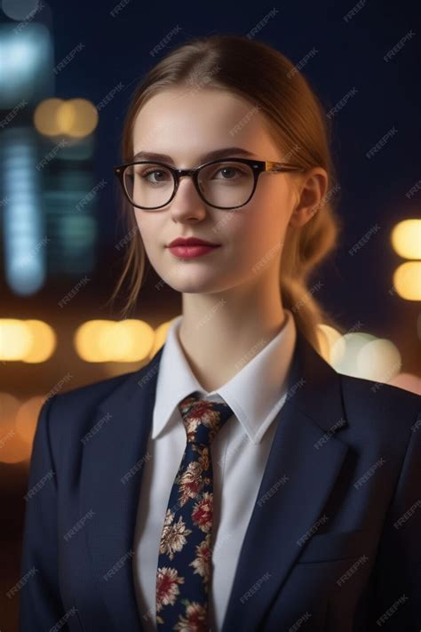 Premium Photo A Pretty European Girl In A Suit And Glasses On The Night Background