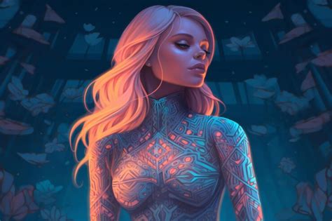 Premium Ai Image Woman With A Tattoo Fantasy Art Body With Neon Flowers Intricate Glow Accents