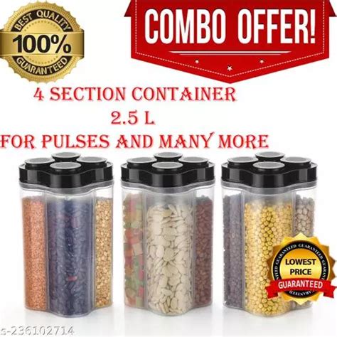 Airtight Transparent Plastic Lock Food Storage 4 Section Container Jar