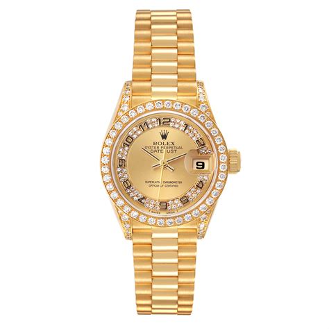 Rolex Datejust President Yellow Gold Diamond Bezel Ladies Watch 69158 Box Papers Swisswatchexpo