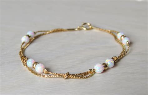 White Opal Bracelet, Opal Bead Bracelet, Opal Gold Bracelet, Opal ...