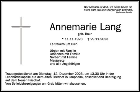 Traueranzeigen Von Annemarie Lang Schwaebische De Trauerportal