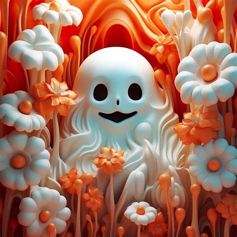 Premium Ai Image 3d Cute Ghost Surrounded By Orange Pastel Flowers