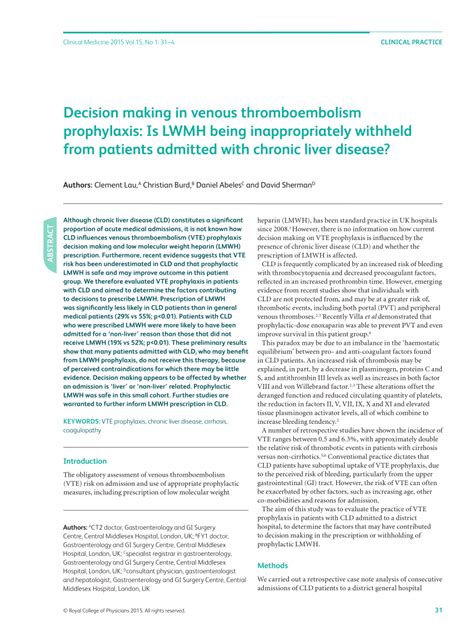 Pdf Decision Making In Venous Thromboembolism Prophylaxis Is Lwmh Being Inappropriately