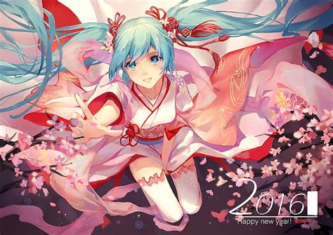 ボーカロイド、 初音ミク、 長い髪、 ツインテール、 髪に花、 着物、 伝統衣装、 リボン、 太もも、 フローティング、 桜の木、 花びら