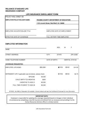 Fillable Online Tehamaschools Life Insurance Form Tehama County