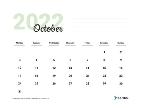 October 2022 Printable Calendar Templates For Free In Pdf Bordio