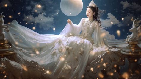 A celestial depiction of Chang'e, the Chinese moon goddess, floating ...