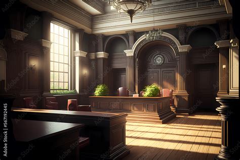 Inside of a courtroom, legal courthouse and court room interior, wood floors and tables ...