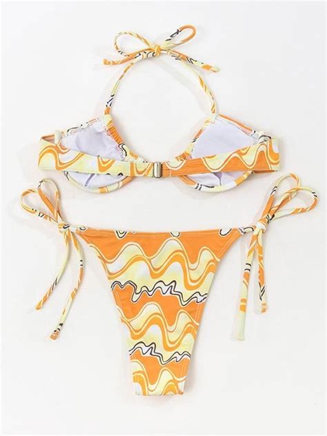 Emmiol Free Shipping Lace Up Wave Print Bikini Set Yellow M In