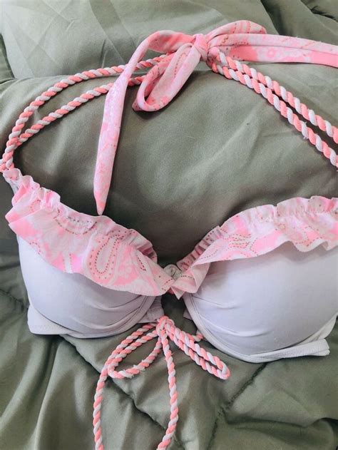 Victorias Secret Ruffle Push Up Bikini Top Padded Underwire 32b Rope