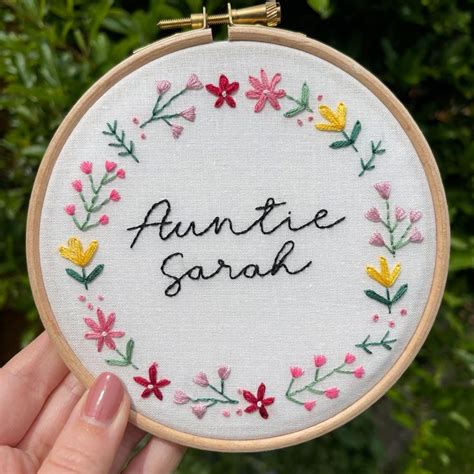 Custom Auntie Sarah Hand Embroidery Hand Embroidered Art Floral