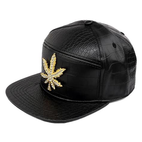 Hip Hop Golden Pu Leather Rhinestone Hemp Leaf Baseball Caps Men Women