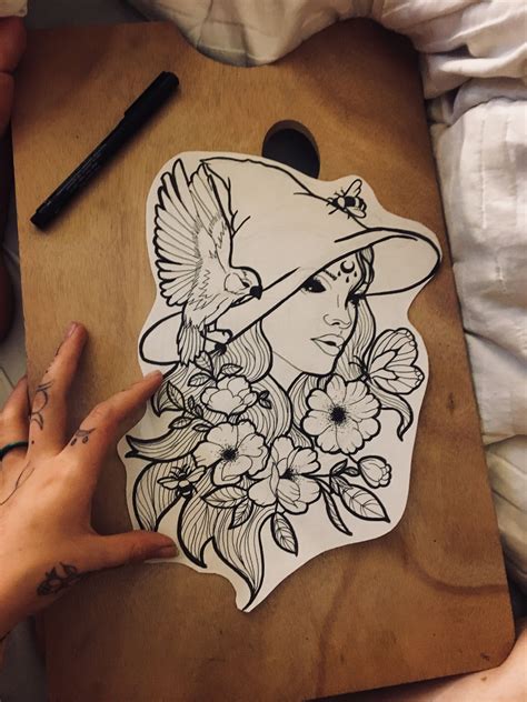 Witchy tattoo outline I drew #witch #tattoo #bee #girl #bird # ...