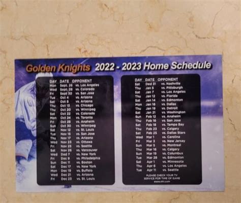 2022 2023 Las Vegas Golden Knights Home Schedule Card New EBay