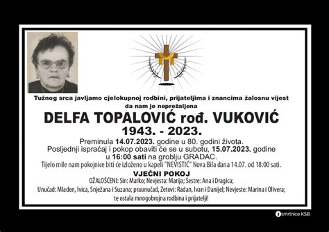 Delfa Topalović rođ Vuković Osmrtnice KSB