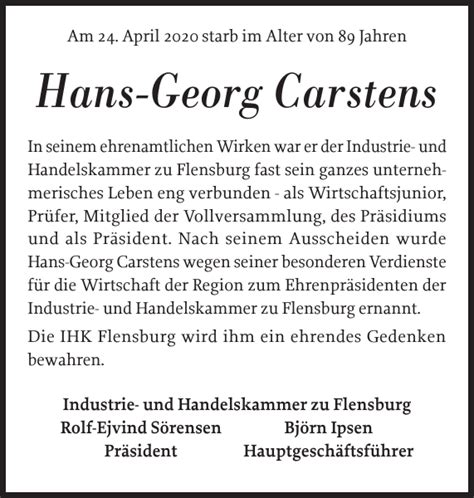 Hans Georg Carstens Gedenken Flensburger Tageblatt