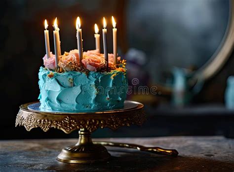 Elegant Blue Frosted Birthday Cake with Lit Candles and Golden ...