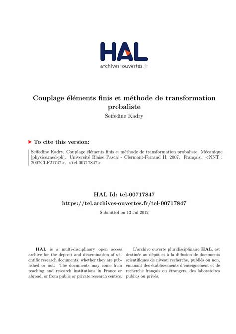 Pdf Couplage Lments Finis Et Mthode De Transformation Probaliste