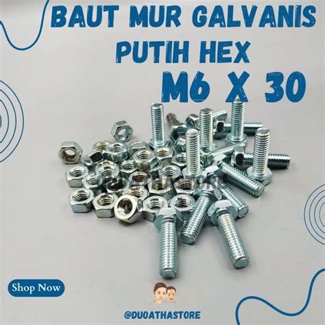 Jual M6x30 Baut Mur M6 X 30 Bmp Galvanis Putih Full Drat Kunci 10 Di