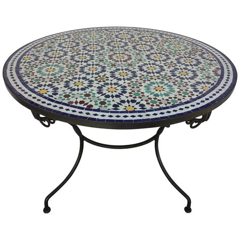 Moroccan Outdoor Round Mosaic Tile Dining Table On Iron Base 47 In For