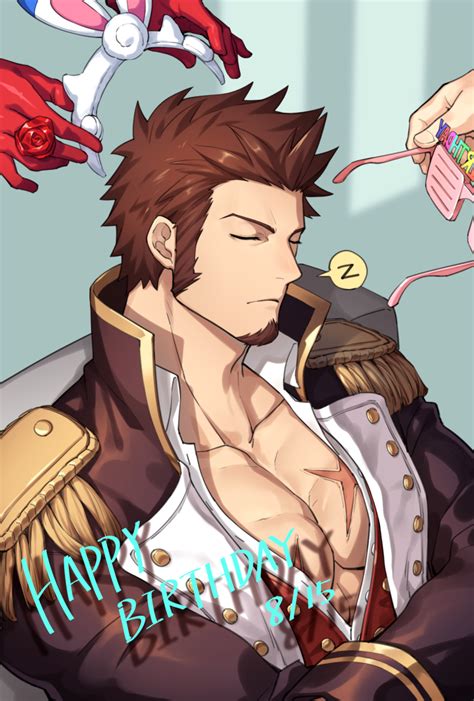 Safebooru 1boy 47 Abs Bara Beard Brown Hair Chest Crossed Arms Dressing Another Epaulettes