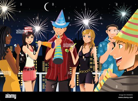 A Vector Of Young People Having New Years Celebration Party Stock