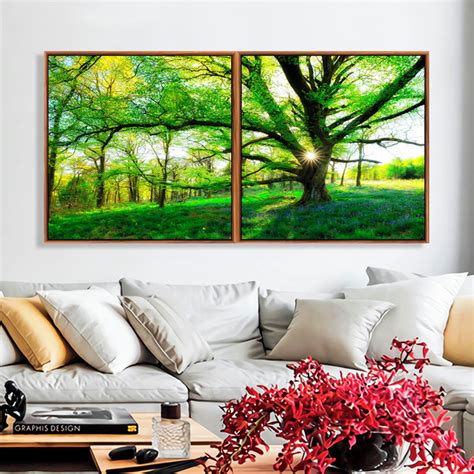 Quadros Árvore e Folhas Verdes Canvas Moldura Duo 140x70 Elo7