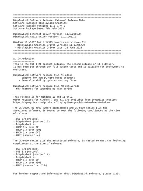 Displaylink Usb Graphics Software For Windows11 1 M1 Release Notes Pdf Windows 10 Hdmi