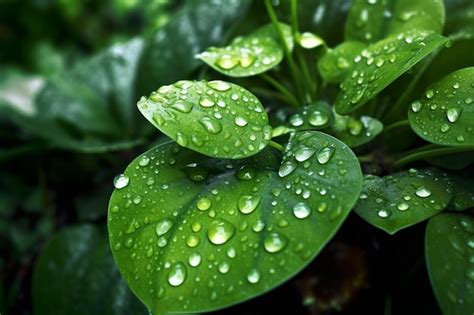 Um Close Up De Uma Planta Verde Gotas De Gua Sobre Ele Foto Premium