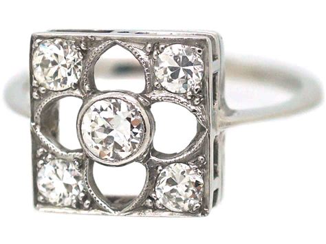 Art Deco 18ct White Gold Gothic Design Ring Set With Diamonds 796P