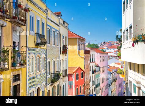 Colorful Buildings Of Lisbon Historic Center Near Landmark Rossio