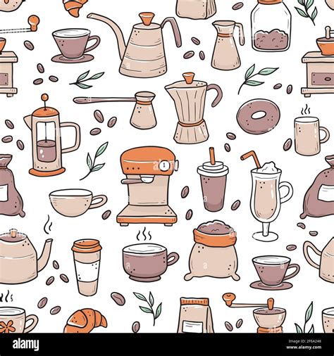 Hand Drawn Seamless Pattern Of Different Types Coffee Cup Mug Pot