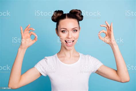 Photo Of Beautiful Lady With Cute Hairdo Holding Arms Okey Symbol Wear