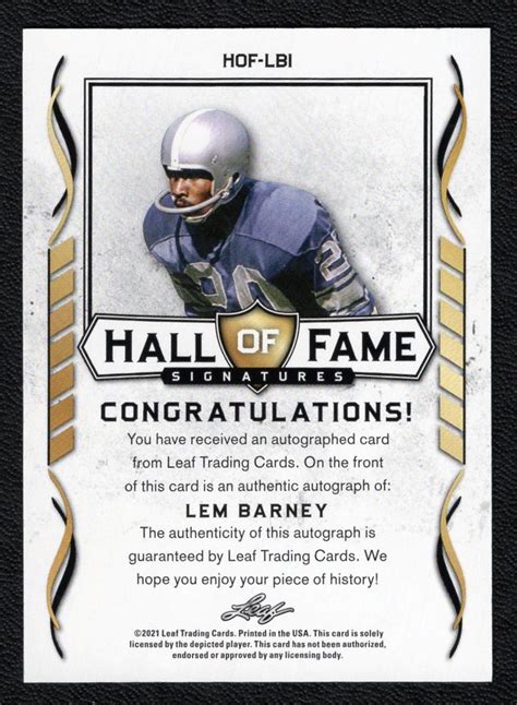 2021 Leaf #HOF-LBI Lem Barney Hall Of Fame Signatures Autograph - The Baseball Card King, Inc.