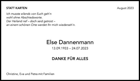 Traueranzeigen Von Else Dannenmann ZVW Trauer