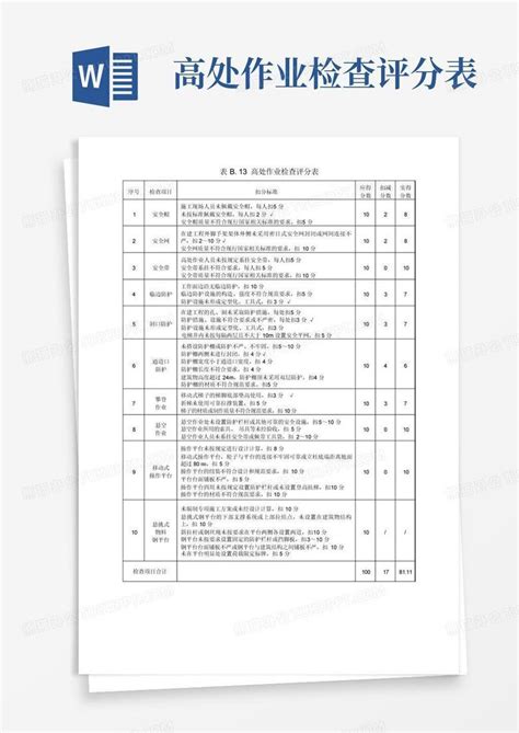 高处作业检查评分表word模板下载编号qpmgbmgw熊猫办公