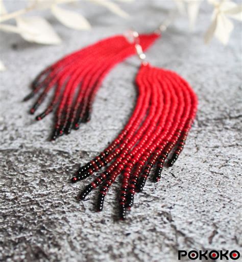 Red Beaded Earrings Fringe Gradient Earrings Seed Bead Etsy