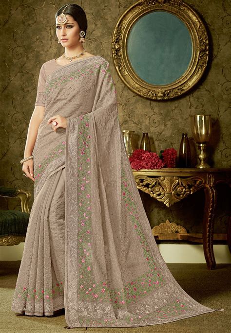 Embroidered Organza Saree In Fawn Party Wear Sarees Saree Designs