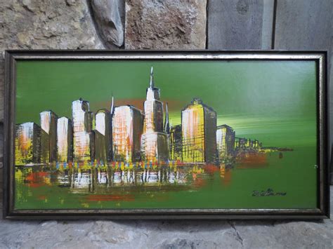 Mid Century Modern Cityscape Painting Vintage Skyline Wall Art Etsy