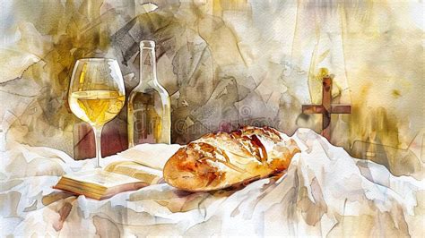 A Watercolor Painting Depicting a Still Life of Bread, Wine, and a ...