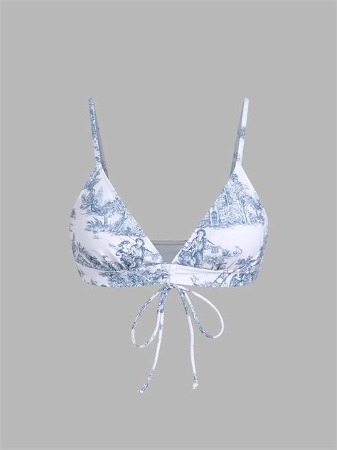 Knit Fabric Toile De Jouy Knotted Bikini Top For Vacation Swimming Pool