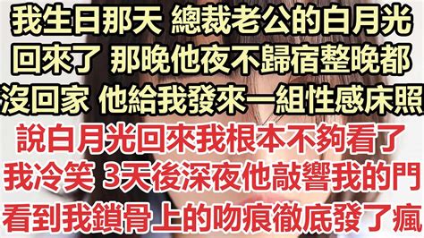 我生日那天，總裁老公的白月光回來了，那晚他夜不歸宿整晚都沒回家，他給我發來一組性感床照，說白月光回來我根本不夠看了，我冷笑 3天後深夜他敲響我