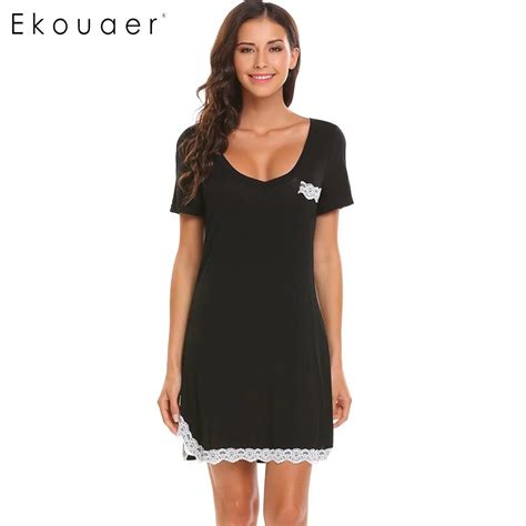 Ekouaer Nightgown Nightwear Women V Neck Short Sleeve Lace Trim Casual