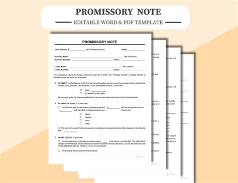 Promissory Note Editable Fill In With Word Or Pdf Promissory Loan Agreement Note Etsy